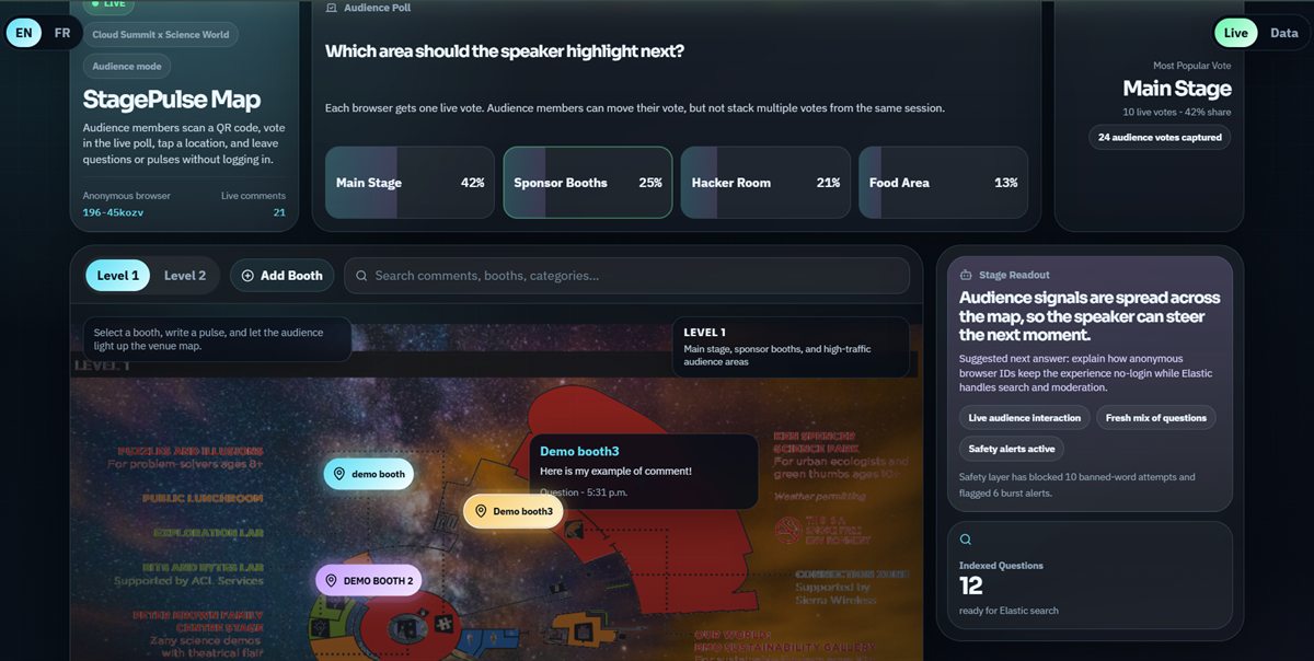 StagePulse Map interface showing venue feedback and audience polling
