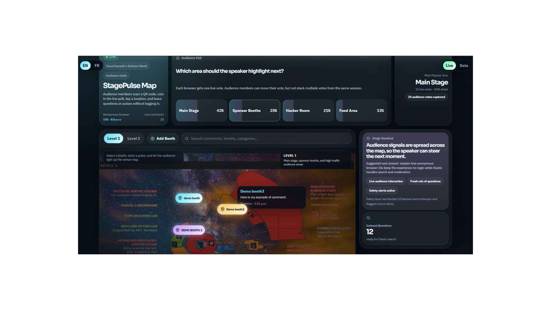 StagePulse Map live interface shown on the Science World level map